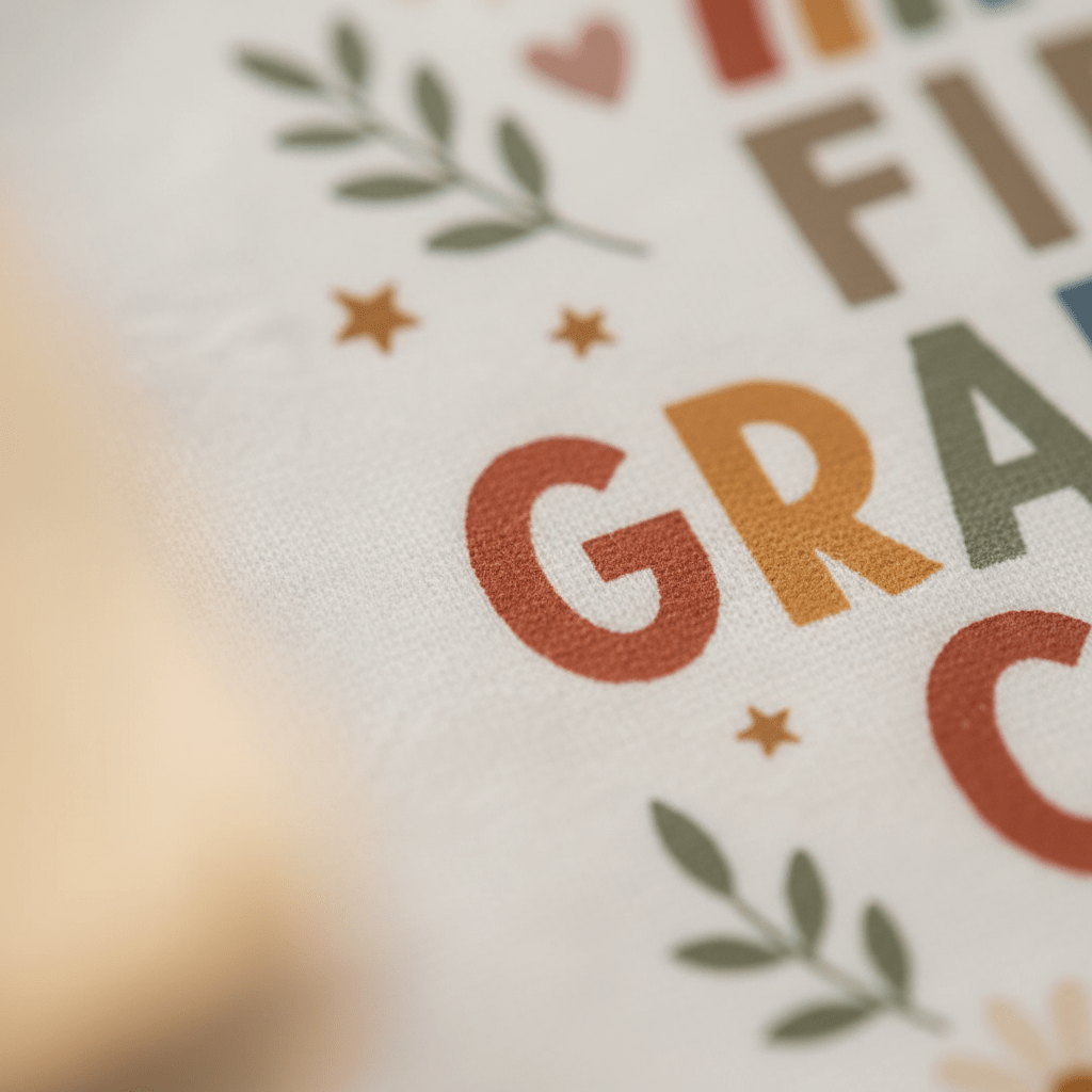 Close-up of vibrant printed text on white fabric from the Toodleroos First Grandchild Pregnancy Announcement Onesie – Coming Soon Short-Sleeve Bodysuit, featuring red, yellow, and green letters with charming stars, leaves, and a heart—ideal for celebrating a first grandchild pregnancy announcement or grandparent reveal.