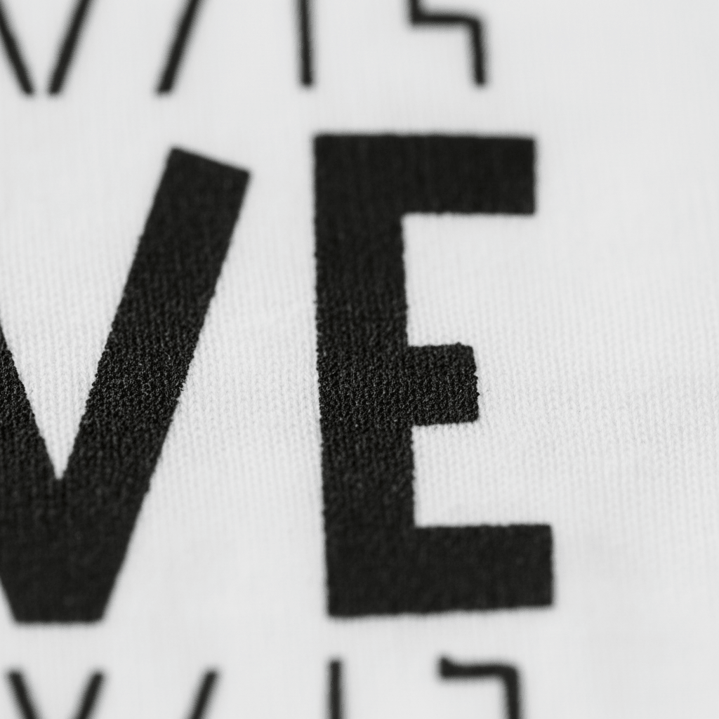 Close-up of black, bold, capital letters “VE” printed on white fabric, highlighting the detailed texture of both the textile and ink—featured on the Toodleroos Bold 5th Birthday Kids Shirt, a versatile and gender-neutral 5th birthday tee.