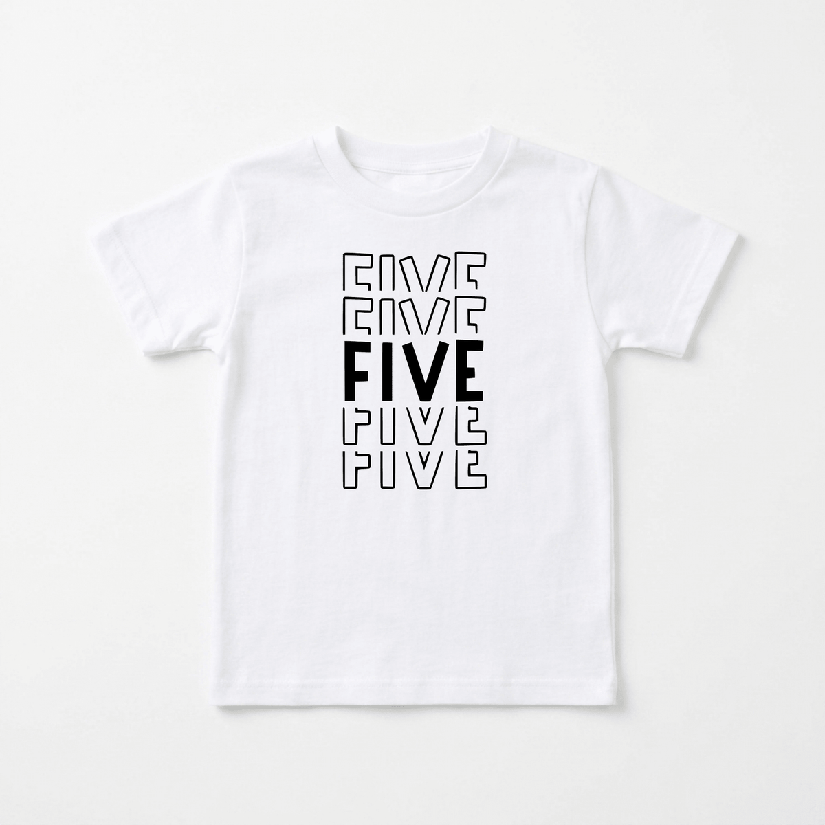The Toodleroos Bold 5th Birthday Kids Shirt – 5th Birthday Tee features a gender-neutral white design with the word “FIVE” printed four times vertically. The middle “FIVE” is bold and solid, while the others are outlined in black, making it a perfect tee for celebrating a child’s special 5th birthday.