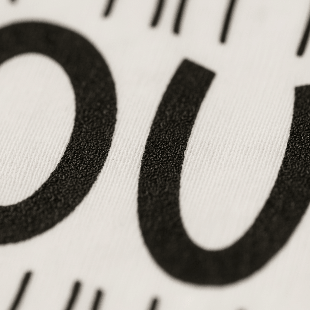 Close-up of black, bold, printed letters and lines on a white textured surface—possibly fabric—perfect for a gender-neutral birthday outfit. The image highlights the curve of a large letter U or O with nearby vertical black lines, making it an ideal design detail for the Toodleroos 4th Birthday Kids Shirt – 4th Birthday Tee.