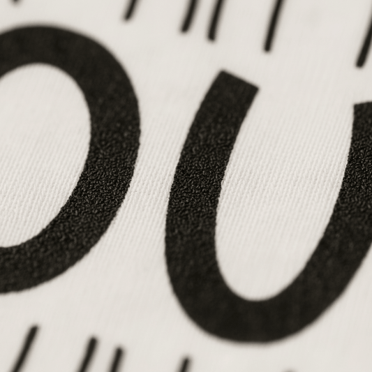 Close-up of black, bold, printed letters and lines on a white textured surface—possibly fabric—perfect for a gender-neutral birthday outfit. The image highlights the curve of a large letter U or O with nearby vertical black lines, making it an ideal design detail for the Toodleroos 4th Birthday Kids Shirt – 4th Birthday Tee.
