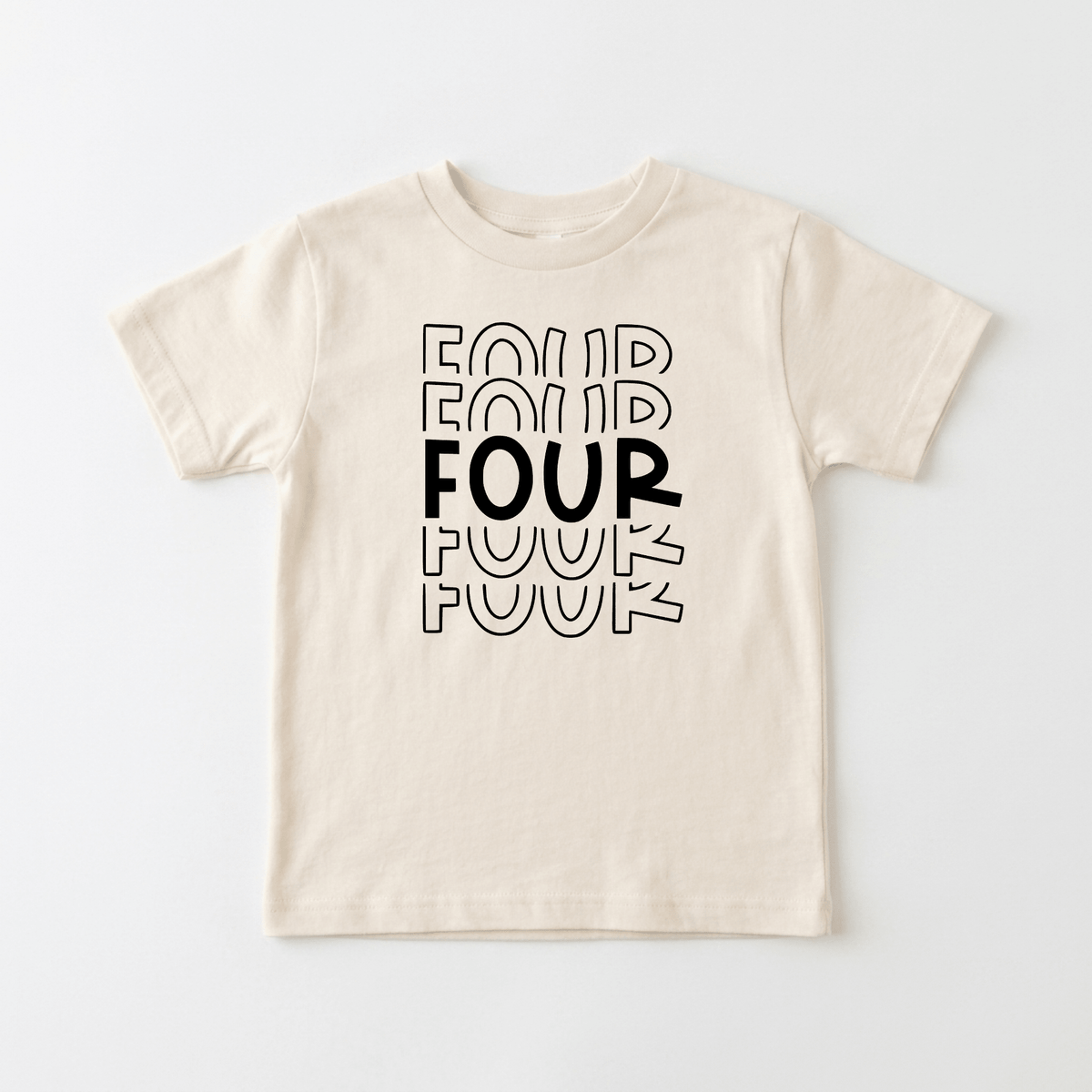 Celebrate your little one’s 4th birthday with the Toodleroos 4th Birthday Kids Shirt – a gender-neutral beige tee featuring the word “FOUR” printed four times in black with overlapping text; the center “FOUR” stands out bold and solid, while the others are outlined—making it a perfect birthday shirt for any four-year-old!.