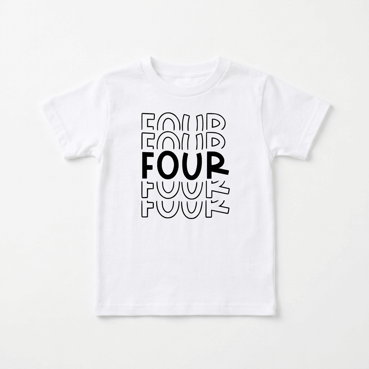Celebrate your little one’s big day with the Toodleroos 4th Birthday Kids Shirt – 4th Birthday Tee! This gender-neutral shirt features “FOUR” repeated three times in outlined letters, with the middle “FOUR” boldly printed in black atop the others. It’s the perfect shirt for making their 4th birthday extra special!.