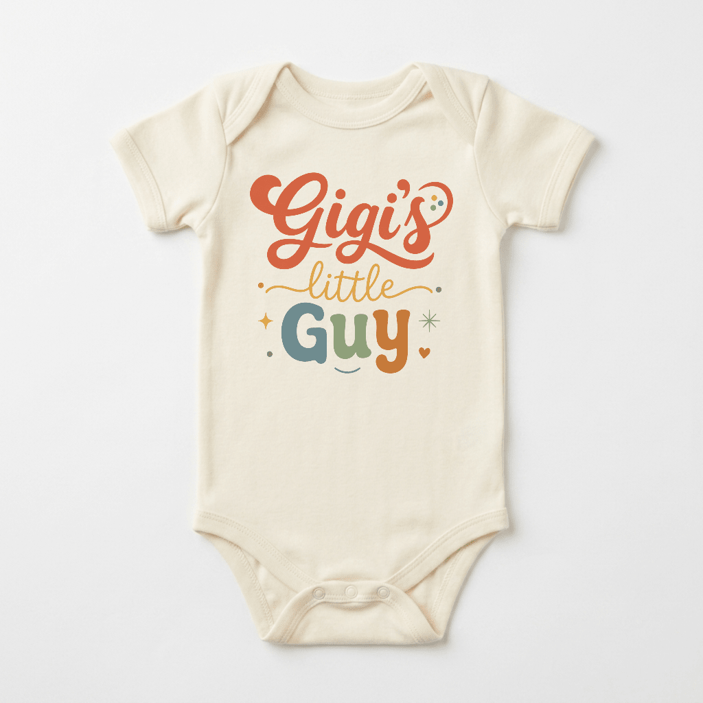 Dress your little one in the Toodleroos Gigi Baby Onesie – Gigi’s Little Guy Grandson Short-Sleeve Bodysuit, featuring colorful “Gigi’s Little Guy” text in orange, yellow, and teal with cute stars and heart accents. This ivory bodysuit has short sleeves and a comfy envelope neckline, making it a perfect gift from grandma for her special grandson.