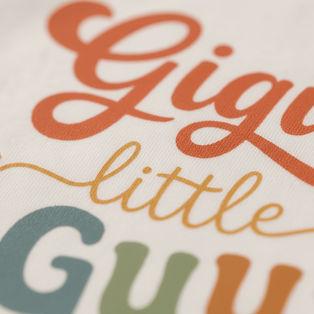 Close-up of colorful, cursive text on fabric that reads “Gigi’s Little Guy,” with each word in a different color and style—perfect for the Toodleroos Gigi Baby Onesie: the ideal gift from Gigi to her sweet grandson.