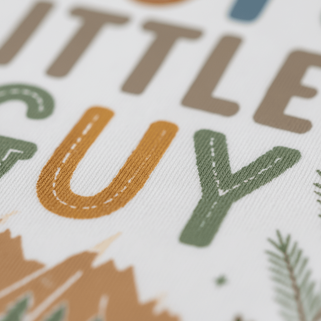 Close-up of the Toodleroos Gigi’s Little Guy Baby Onesie featuring large, colorful, stitched “LITTLE GUY” letters and a partial woodland bear design with trees and mountains on a white background—perfect as a baby shower gift for your grandson or for Gigi’s little guy.