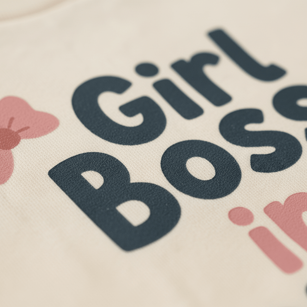 Close-up of fabric with bold, black “Girl Boss in Training” text and a pink bow graphic on a light background—perfect for the Toodleroos Confident Bow Tee, an adorable toddler girls shirt.