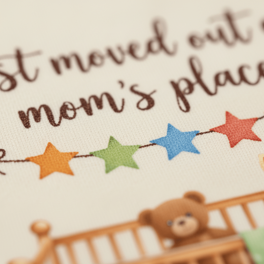 Featuring the text “Mom’s Place” above a cheerful star banner and a cozy crib with a brown teddy bear inside, the Toodleroos Funny Baby Onesie – Got My Own Crib Short-Sleeve Infant Bodysuit is an adorable baby shower gift and perfect for any little one.