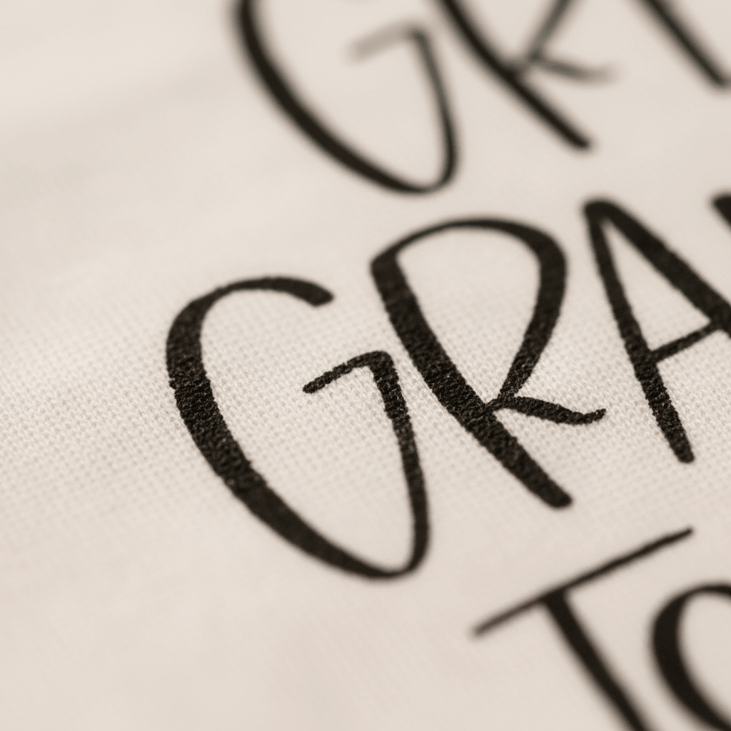Close-up of bold, black hand-lettered text reading “Great” on white fabric, captured in artistic strokes—ideal for a toddler tee. The remaining surrounding text is blurred and partially visible, making the Toodleroos Great Grandpa Told Me I Could Toddler Shirt – Funny Family Tee a thoughtful gift for great-grandpa or anyone seeking a unique “Great Grandpa Told Me I Could” shirt.