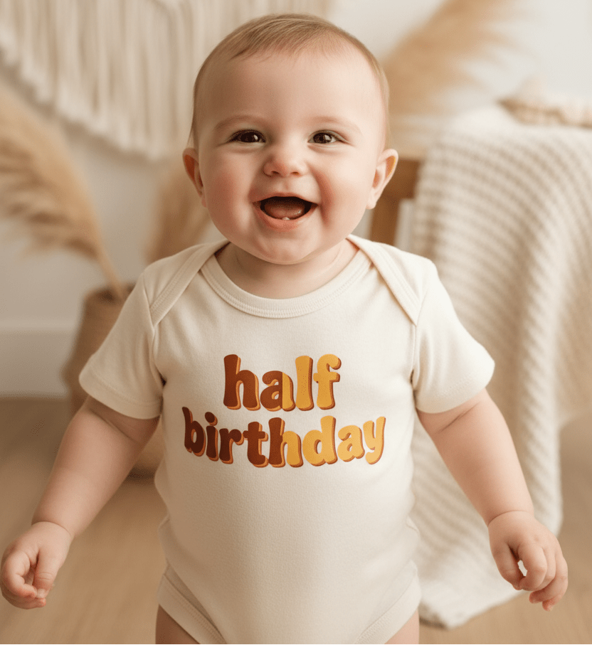 A smiling baby wears the Toodleroos Half Birthday Onesie – a cute 6-month milestone bodysuit with “half birthday” in brown and orange lettering—posing indoors among cozy neutral decor for an adorable milestone photo.