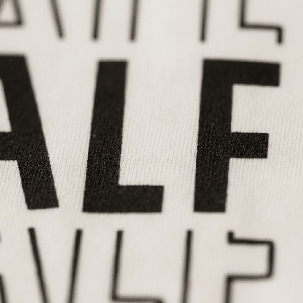 Close-up of bold black “ALF” text on a white fabric, part of the Toodleroos Half Birthday Kids Shirt – 6 Month Milestone Tee. Partial letters are visible at the edges, highlighting the playful black and white design that’s perfect for milestone photos or celebrating a fun half birthday.