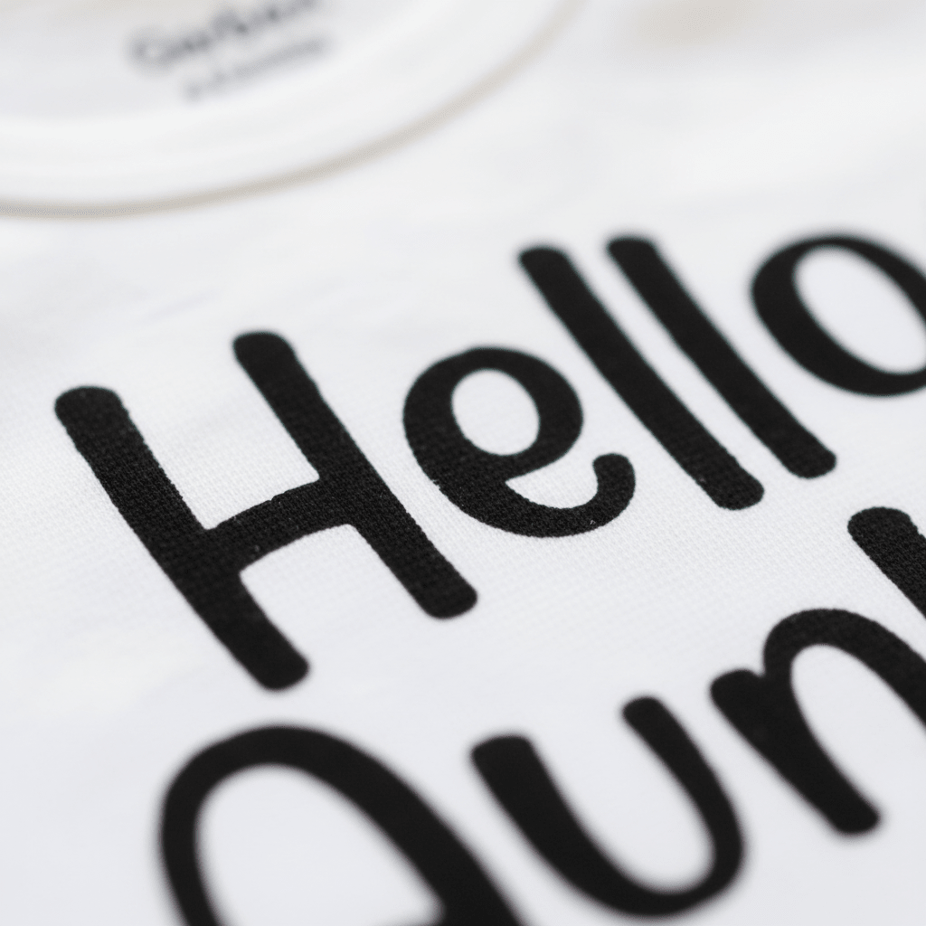 Close-up of white fabric adorned with bold, playful black text that reads “Hello Auntie and Uncle.” The stitching and texture are clearly visible, along with a glimpse of a label at the top edge. This delightful Toodleroos Baby Announcement Bodysuit is the perfect way to share your joyful news in style.