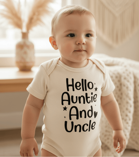 Hello Auntie and Uncle Long Sleeve Baby Onesie - Toodleroos