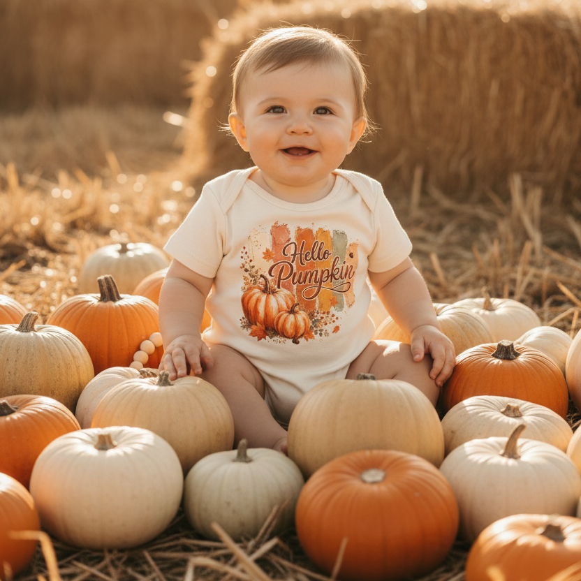 A smiling baby in a Hello Pumpkin onesie sits among white and orange pumpkins on straw, with hay bales in the background, in warm autumn sunlight.