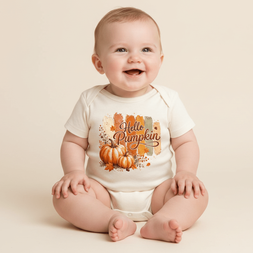 A smiling baby wears the Toodleroos Hello Pumpkin Tee – a cozy white fall shirt for babies, toddlers, and youth, adorned with orange pumpkins and playful “Hello Pumpkin” text—perfect for family photoshoots on a light backdrop.
