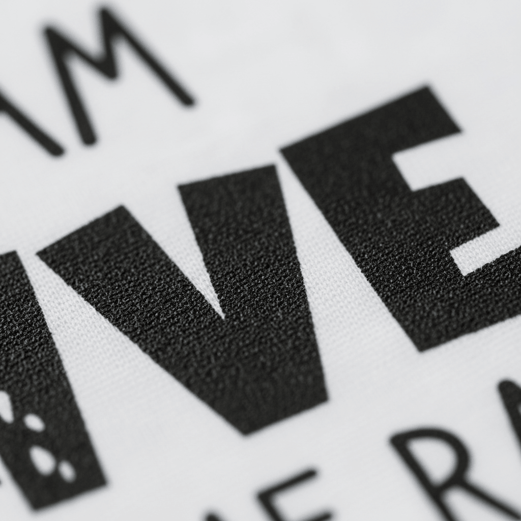 Close-up of bold, black, partially visible letters VE printed on white textured fabric from the “I Am Five Hear Me Rawr Kids Shirt – Dinosaur 5th Birthday Tee” by Toodleroos. The image captures the fine fabric details and sharp edges of the letters, highlighting the quality you’d want in a special dinosaur birthday shirt for kids.