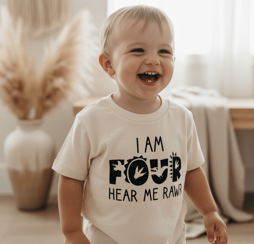 A joyful toddler stands indoors amid a vase of pampas grass and a soft, neutral background, wearing the Toodleroos “I Am Four Hear Me Rawr Kids Shirt – Dinosaur 4th Birthday Tee”—an ideal outfit for any dino-themed celebration or 4th birthday party.