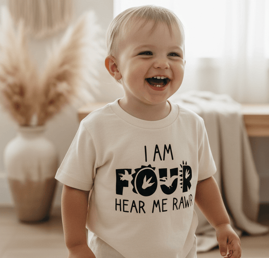 A joyful toddler stands indoors amid a vase of pampas grass and a soft, neutral background, wearing the Toodleroos “I Am Four Hear Me Rawr Kids Shirt – Dinosaur 4th Birthday Tee”—an ideal outfit for any dino-themed celebration or 4th birthday party.