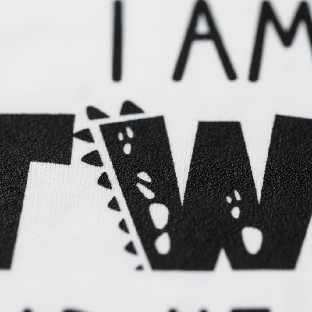 Close-up of printed text on fabric from the Toodleroos “I Am Two Hear Me Rawr” toddler shirt, featuring part of a large black letter W with dinosaur spikes and footprint shapes and partial letters “I AM” above it on a white background—perfect for a dinosaur-themed 2nd birthday outfit.