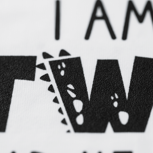 Close-up of printed text on fabric from the Toodleroos “I Am Two Hear Me Rawr” toddler shirt, featuring part of a large black letter W with dinosaur spikes and footprint shapes and partial letters “I AM” above it on a white background—perfect for a dinosaur-themed 2nd birthday outfit.