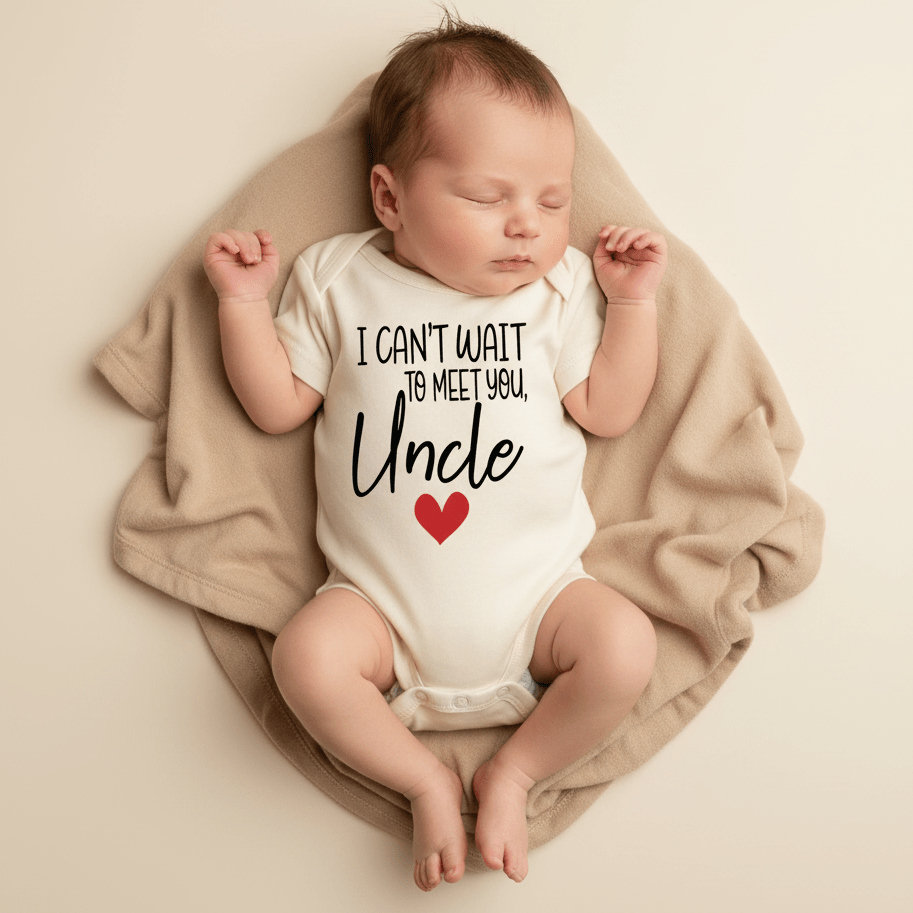 A sleeping baby rests on a beige blanket, dressed in the Toodleroos “I Can’t Wait to Meet You Uncle” Baby Onesie – Announcement Bodysuit, featuring the heartfelt phrase and a red heart on the front—making it an ideal pregnancy announcement or meaningful baby shower gift.
