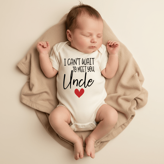A sleeping baby rests on a beige blanket, dressed in the Toodleroos “I Can’t Wait to Meet You Uncle” Baby Onesie – Announcement Bodysuit, featuring the heartfelt phrase and a red heart on the front—making it an ideal pregnancy announcement or meaningful baby shower gift.