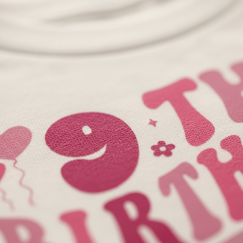 Close-up of the Toodleroos “In My 9th Birthday Era Kids Shirt” – a white retro-style tee featuring pink text and playful balloon and flower illustrations, perfect for celebrating a memorable 9th birthday. Ideal for anyone looking for unique and special 9th birthday shirts!.