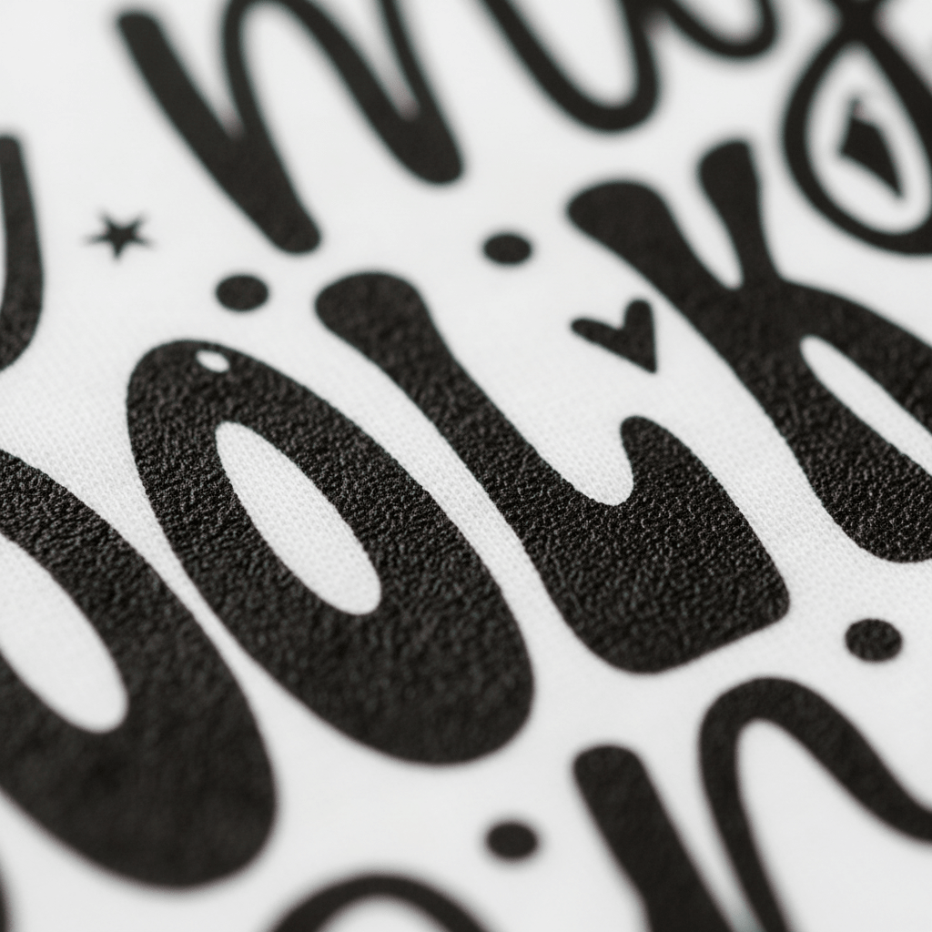 A close-up of bold, black, textured hand-lettered text with playful shapes like a heart and star on a white background. The letters feature varying thickness and a slightly glossy finish—capturing the joyful spirit of the Toodleroos “In My Cool Kid Era” Kids Shirt, a trendy retro tee designed for cool kids.