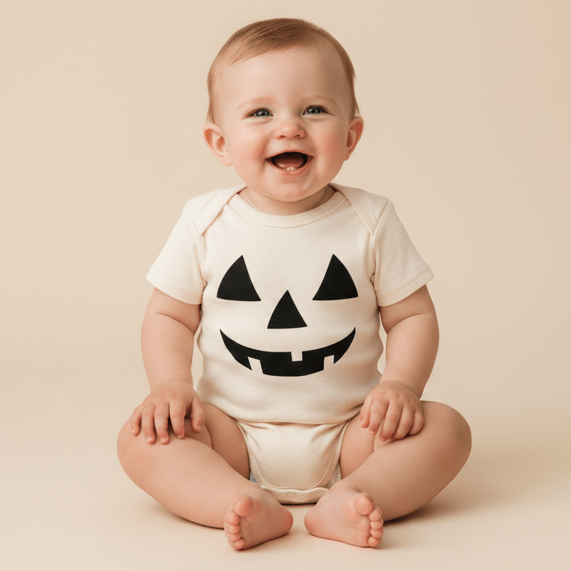 A happy baby sits on the floor dressed in a cream-colored Toodleroos Jack-O-Lantern Face Baby Onesie – Halloween Bodysuit, featuring a bold black pumpkin face print. The soft beige background highlights this charming and festive baby Halloween outfit.