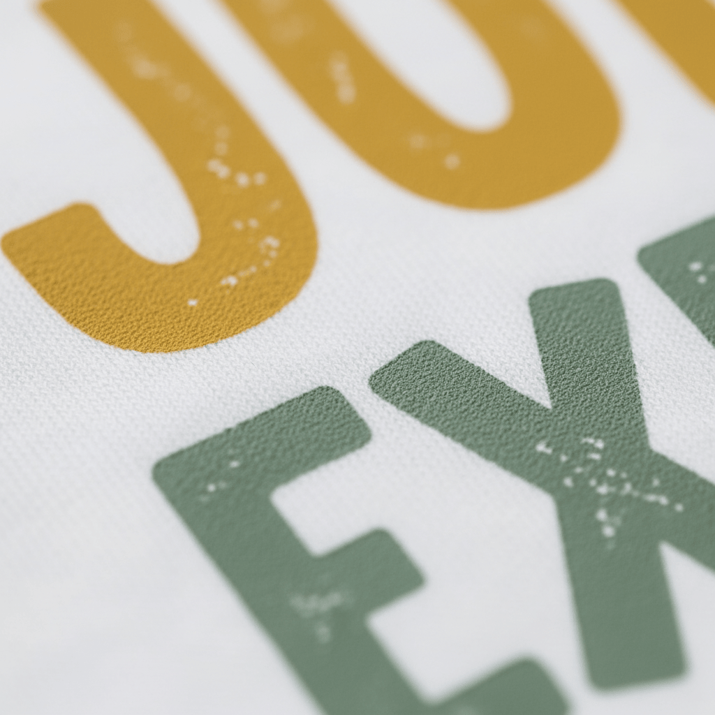 Close-up of textured yellow and green letters on white fabric with distressed print details from the Toodleroos “Jungle Explorer Toddler Shirt – Monkey Safari Tee”—ideal for a safari-themed outfit.