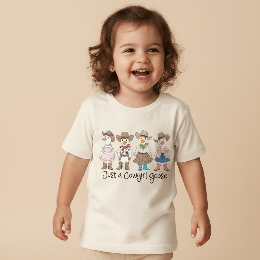 A happy toddler wears the Toodleroos “Just a Cowgirl Goose Toddler Girls Shirt – Western Tee,” a white top featuring five cartoon geese dressed as cowgirls and the playful phrase “Just a Cowgirl Goose” on the front—an adorable western-style shirt perfect for little ones with country charm.