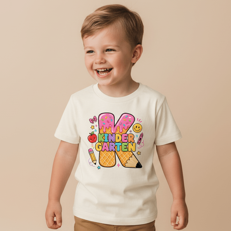 A cheerful young boy wears the Toodleroos Kindergarten Youth Girls Shirt – Ice Cream K Tee, featuring vibrant kindergarten-themed designs like pencils, ice cream, stars, and smiling faces—making it the ideal first day of school outfit as he stands against a beige background.