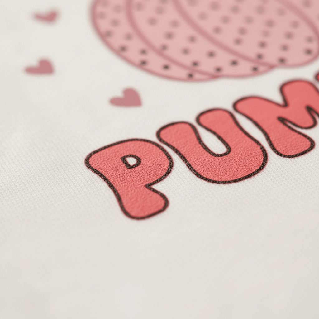 Close-up of the Lil Pumpkin Baby Onesie – Pink Polka Dot Bodysuit by Toodleroos, featuring bold pink “PUM” text with a partial pumpkin graphic and small hearts above, perfect for a fall baby outfit or a pumpkin patch photoshoot, displayed on a white fabric background.