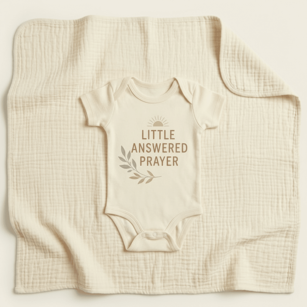 A cream-colored “Little Answered Prayer” onesie by Toodleroos, featuring a delicate leaf design and sweet text, is laid flat on a matching textured blanket—part of the Christian Baby Gift Box, making it an ideal baby shower gift.
