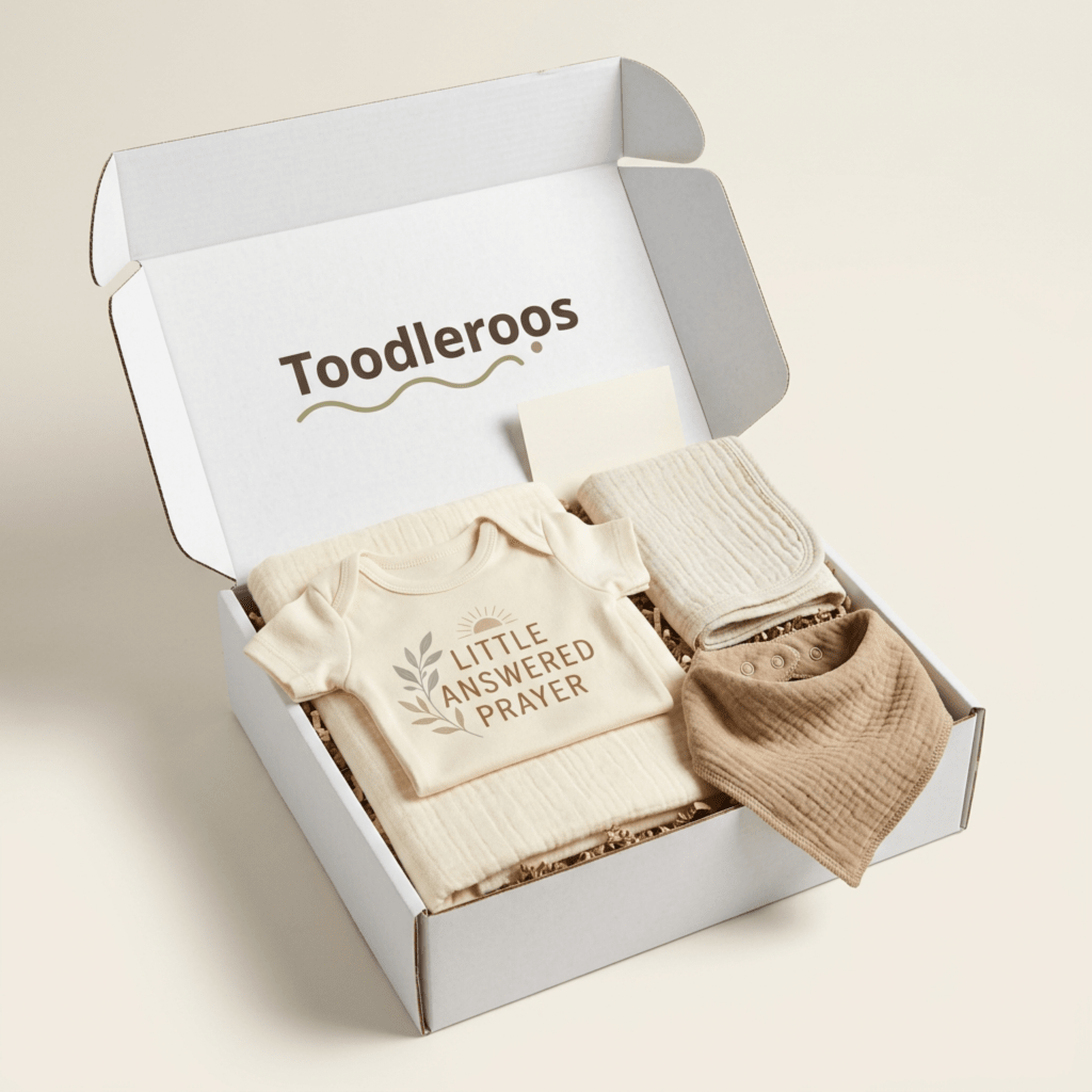 Open the Christian Baby Gift Box – Little Answered Prayer Baby Shower Gift by Toodleroos to find a beige “Little Answered Prayer” onesie, a matching bib, and a soft blanket, all beautifully arranged on shredded paper—making it the perfect Christian baby gift and thoughtful baby shower present.