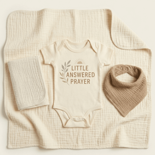 Presenting the Toodleroos Christian Baby Gift Box – Little Answered Prayer Baby Shower Gift: a soft cream baby blanket, a beige “Little Answered Prayer” onesie, a folded cloth, and a tan bib—all beautifully arranged on a coordinating background for the perfect Christian baby gift.