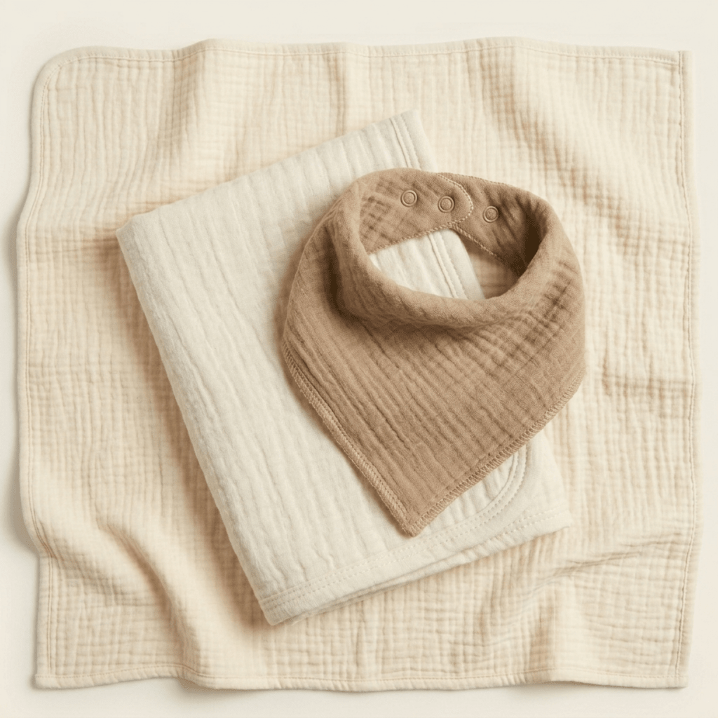 A beige muslin blanket is laid flat with a folded cream muslin towel and a brown muslin baby bib with snaps on top, all featuring Toodleroos’ signature soft, textured, and lightweight design. These adorable essentials are beautifully curated in the Christian Baby Gift Box – Little Answered Prayer Baby Shower Gift by Toodleroos, making them perfect for a thoughtful Christian baby gift or an elegant baby shower present.