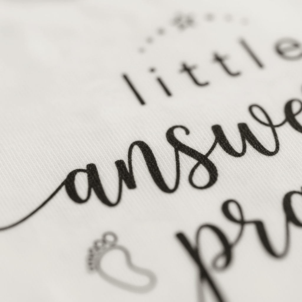 Close-up of the soft fabric featuring black script text reading “little answered prayer,” with a delicate outline of a baby’s foot in the corner—a heartfelt detail perfect for commemorating special moments as a baptism baby gift. This adorable design enhances the Toodleroos Little Answered Prayer Onesie – Faith Baby Bodysuit, making it a charming and meaningful keepsake.