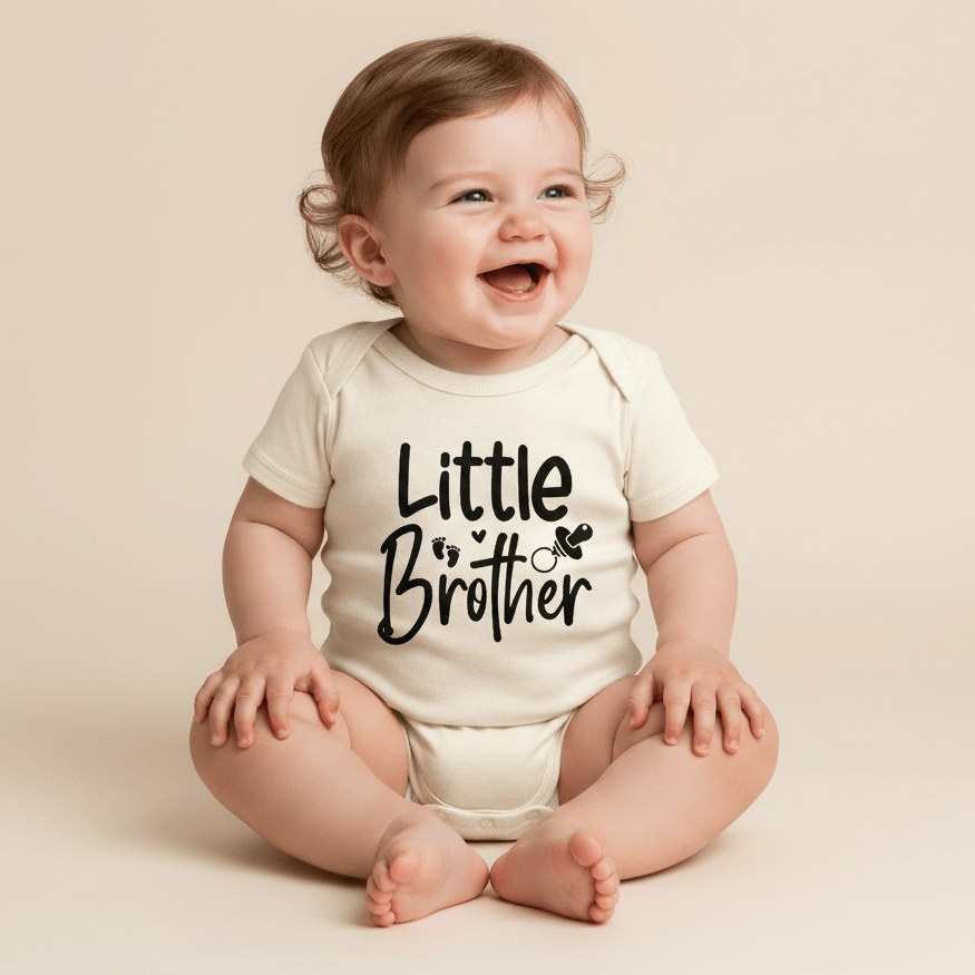 A happy baby sits on a beige backdrop, dressed in the Toodleroos Little Brother Baby Onesie – Hand-Lettered Sibling Design. The cream-colored bodysuit features bold black lettering with charming heart and foot accents, making it an ideal coming home outfit.