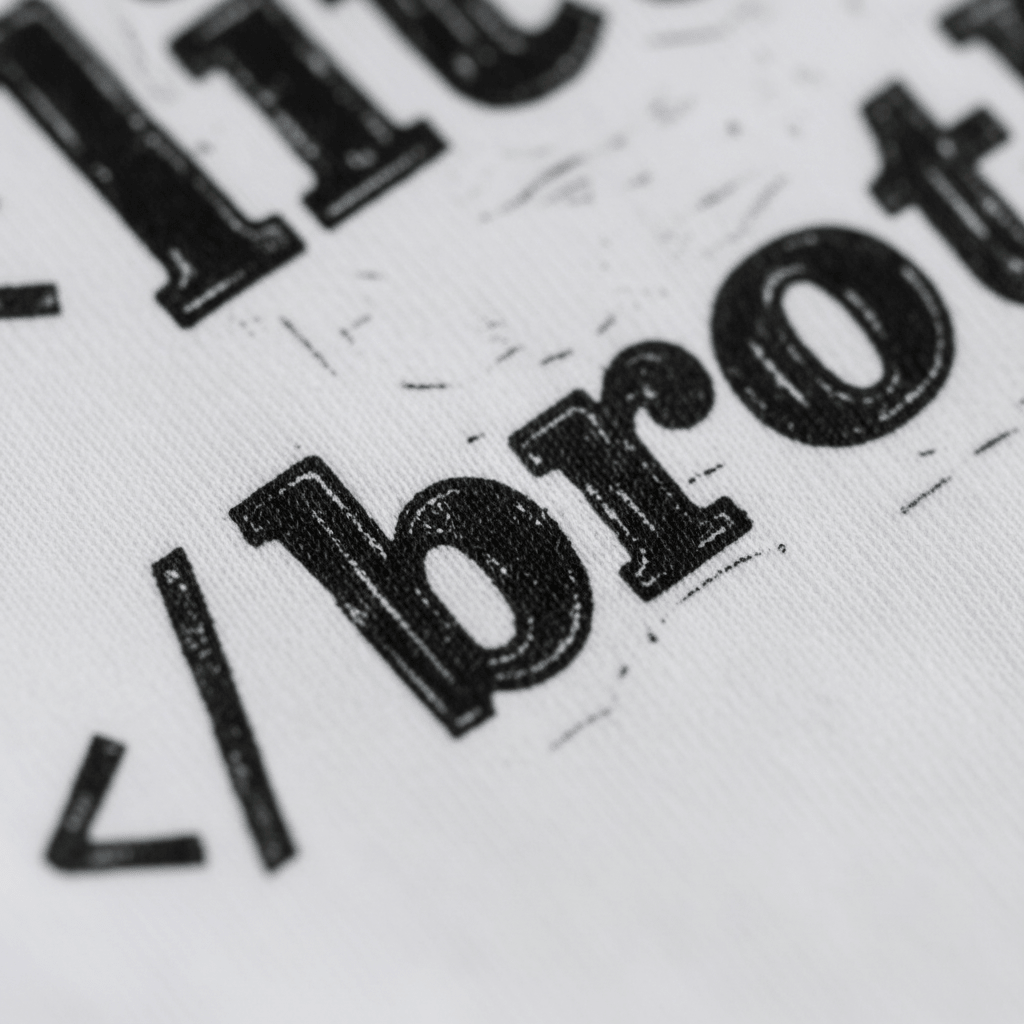 Close-up of black printed text on white fabric, featuring part of the word “brother” with a visible slash and angle bracket—a subtle reference to coding. The slightly distressed, faded print adds character, making the Toodleroos Little Brother Baby Onesie – HTML Code Tag Bodysuit the perfect gift for your little tech enthusiast or programmer baby.