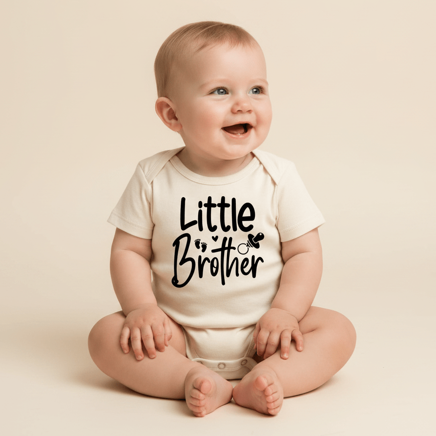 A smiling baby is seated on a plain light beige floor, wearing the Toodleroos Little Brother Onesie – Baby Boy Announcement Bodysuit. This white onesie, adorned with the words “Little Brother” and small heart graphics on the front, is perfect as a baby boy outfit or for a heartfelt pregnancy announcement.