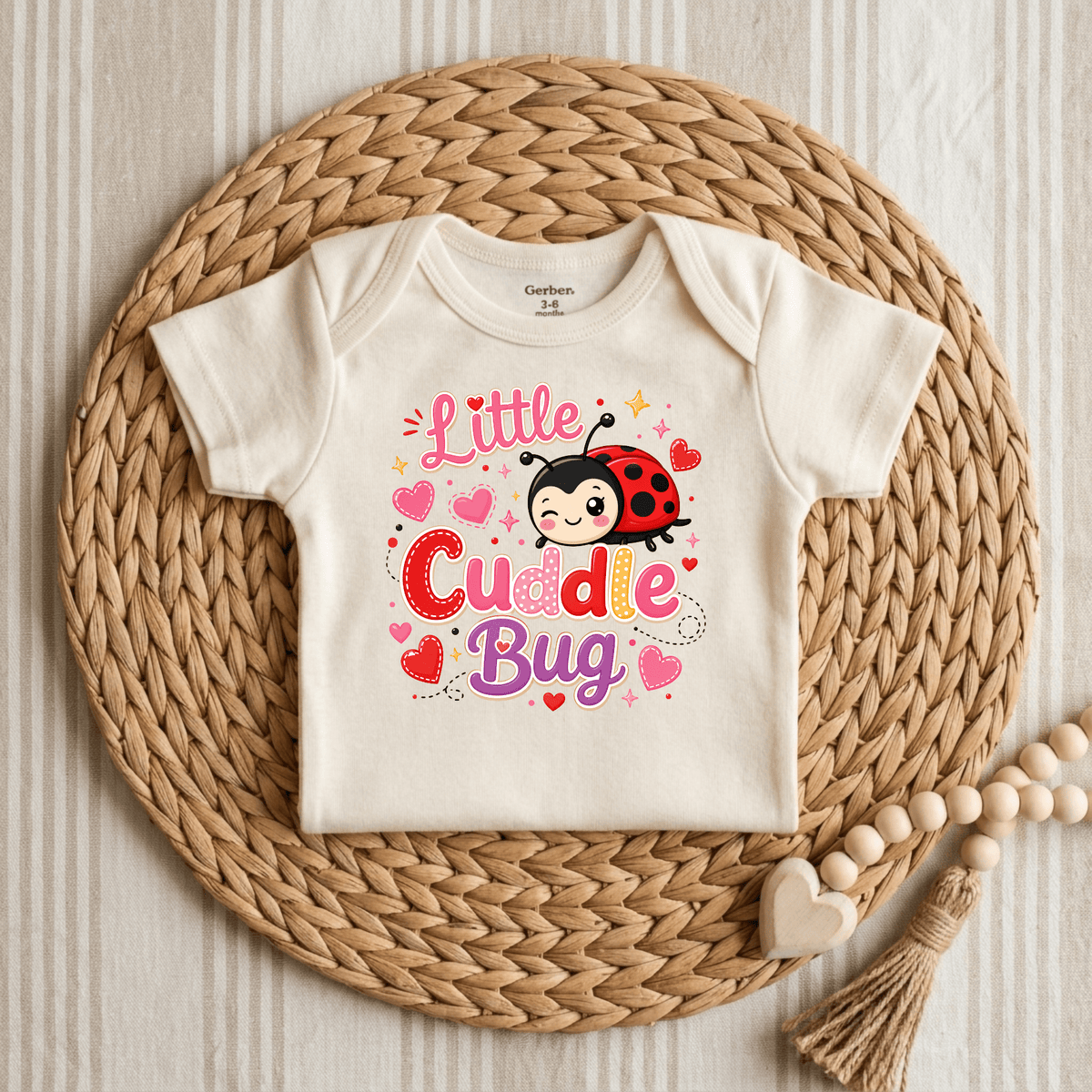 The Toodleroos Little Cuddle Bug Baby Onesie – Valentine’s Ladybug Bodysuit, featuring adorable “Little Cuddle Bug” text, a cartoon ladybug, and heart accents, is shown displayed on a woven placemat with a wooden bead and heart garland beside it—making it the perfect Valentine’s Day baby outfit.