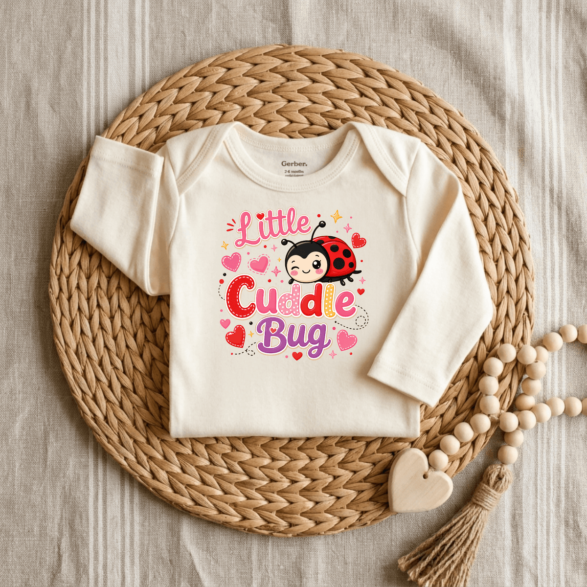 A Toodleroos Little Cuddle Bug Baby Onesie – Valentine’s Ladybug Bodysuit in white is displayed on a woven mat. The long-sleeve baby bodysuit features a charming design with a winking ladybug and the words “Little Cuddle Bug” in red, pink, and purple, accented with hearts and stars. Ideal as a Valentine’s Day baby outfit, this adorable onesie is styled alongside a wooden bead strand topped with a heart charm.