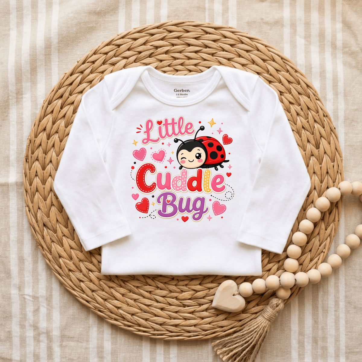Dress your little one in the Toodleroos Little Cuddle Bug Baby Onesie – Valentine’s Ladybug Bodysuit, featuring “Little Cuddle Bug” text, a cute ladybug graphic, and pink heart accents. This soft white baby bodysuit is perfect for Valentine’s Day and is styled here on a woven mat with a wooden beaded garland over a striped fabric background.