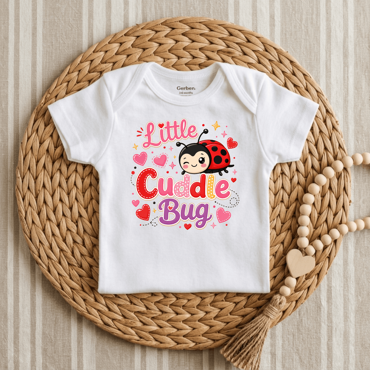 The Little Cuddle Bug Baby Onesie – Valentine’s Ladybug Bodysuit by Toodleroos is a white baby bodysuit adorned with an adorable ladybug and hearts design alongside the words “Little Cuddle Bug.” It’s styled on a woven mat next to a wooden beaded garland with a heart, making it the perfect ladybug onesie or sweet Valentine’s Day baby outfit.