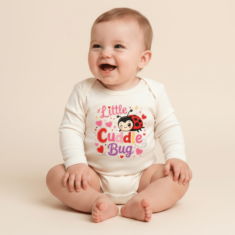 A cheerful baby sits on the floor wearing Toodleroos’ Little Cuddle Bug Baby Onesie – Valentine’s Ladybug Bodysuit, a cream-colored outfit with “Little Cuddle Bug” printed on the front and decorated with adorable hearts and sparkles—making it the perfect choice for your little one’s Valentine’s Day look.