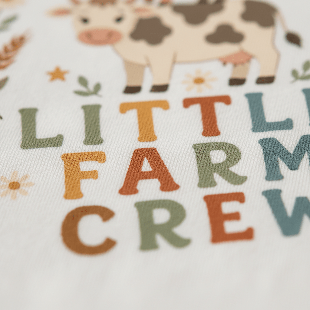 Featuring an illustration of a cow above vibrant, playful text that reads “Little Farm Crew” on a white fabric background—adorned with delicate flowers and wheat details—this adorable Toodleroos Little Farm Crew Farm Animal Baby Onesie is perfect for your little one’s adventures. Its charming design brings a touch of country style to any boho baby clothes collection.