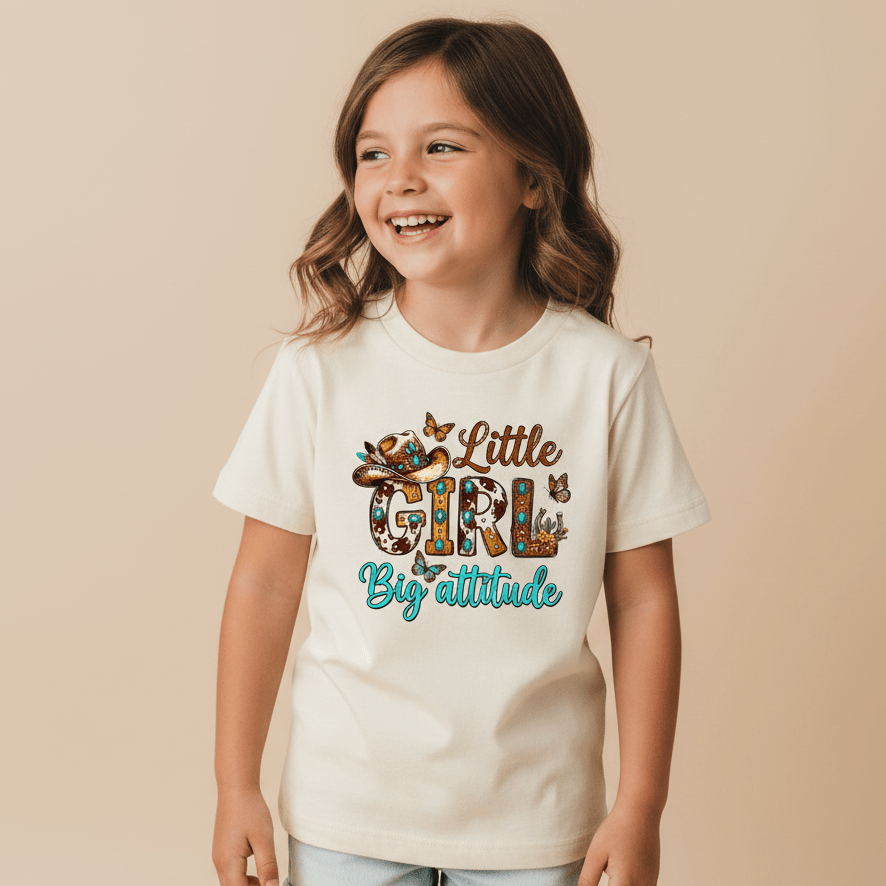 A smiling young girl wears the Toodleroos Little Girl Big Attitude Kids Shirt – a western cowgirl tee decorated with colorful letters, butterflies, and floral accents – standing against a beige background.