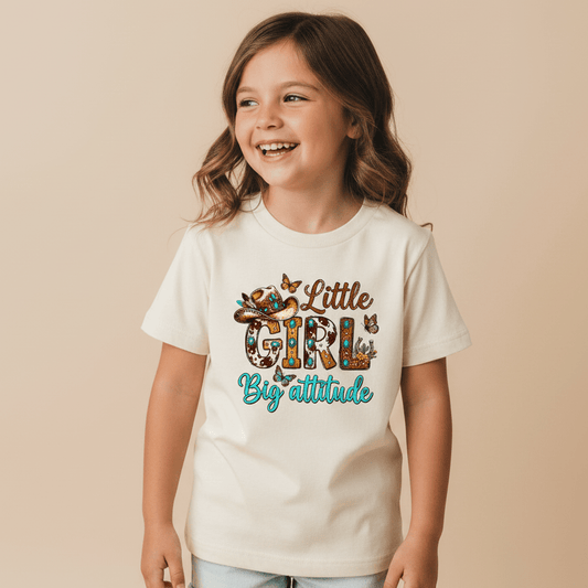 A smiling young girl wears the Toodleroos Little Girl Big Attitude Kids Shirt – a western cowgirl tee decorated with colorful letters, butterflies, and floral accents – standing against a beige background.