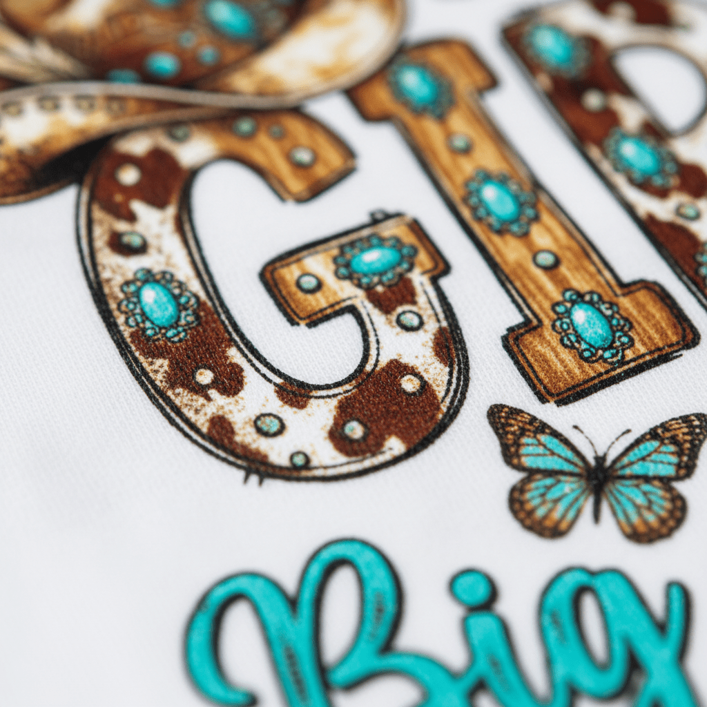 A close-up of the words “Little Girl Big Attitude” in cowboy-inspired lettering adorned with turquoise gemstones, brown spots, and a blue butterfly on white fabric—a playful detail from the Toodleroos Little Girl Big Attitude Kids Shirt – Western Cowgirl Tee. Perfect for any toddler cowgirl!.